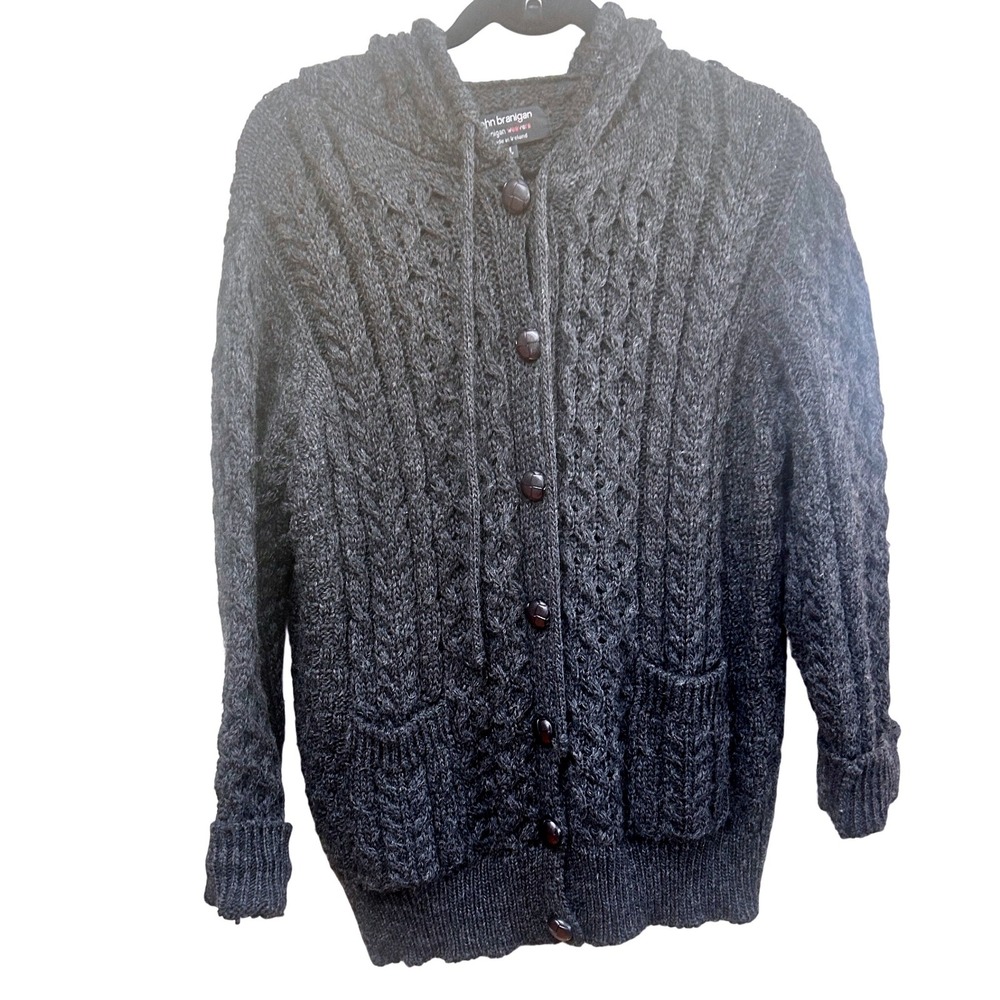 John Branigan Weavers Aran Knit Wool Hooded Cardigan Sweater L Made in Ireland